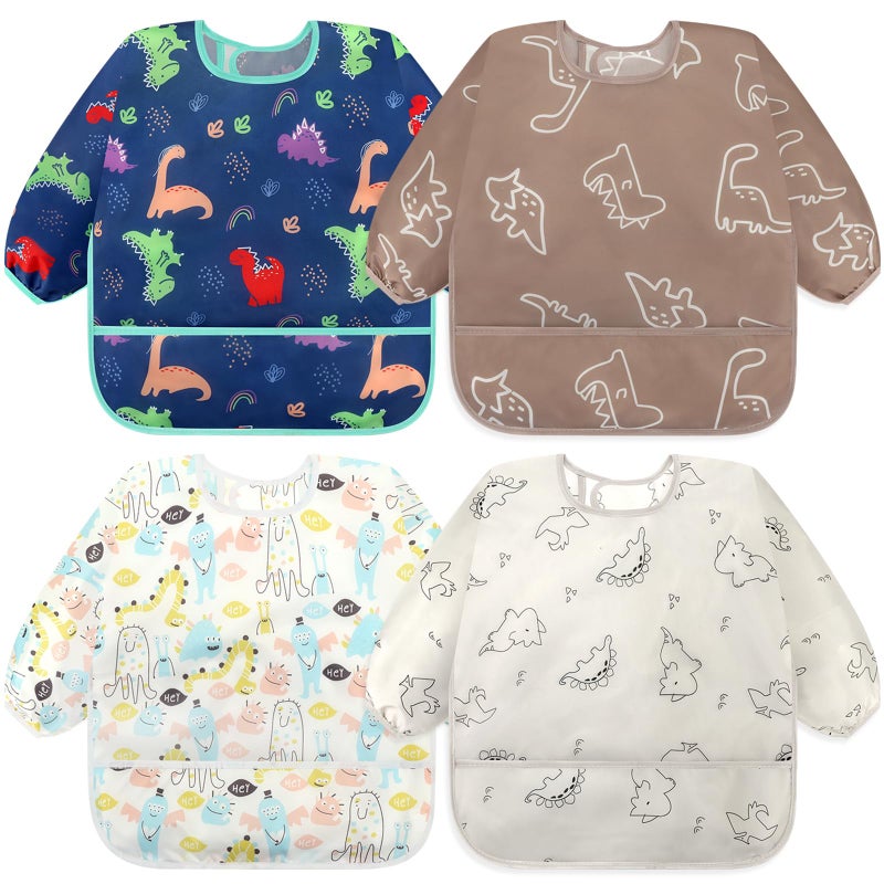 Accmor 4 Pack Long Sleeve Bibs, Baby Smock Waterproof Sleeved Bib Smock for Baby Toddler 6-24 Months - Image 1