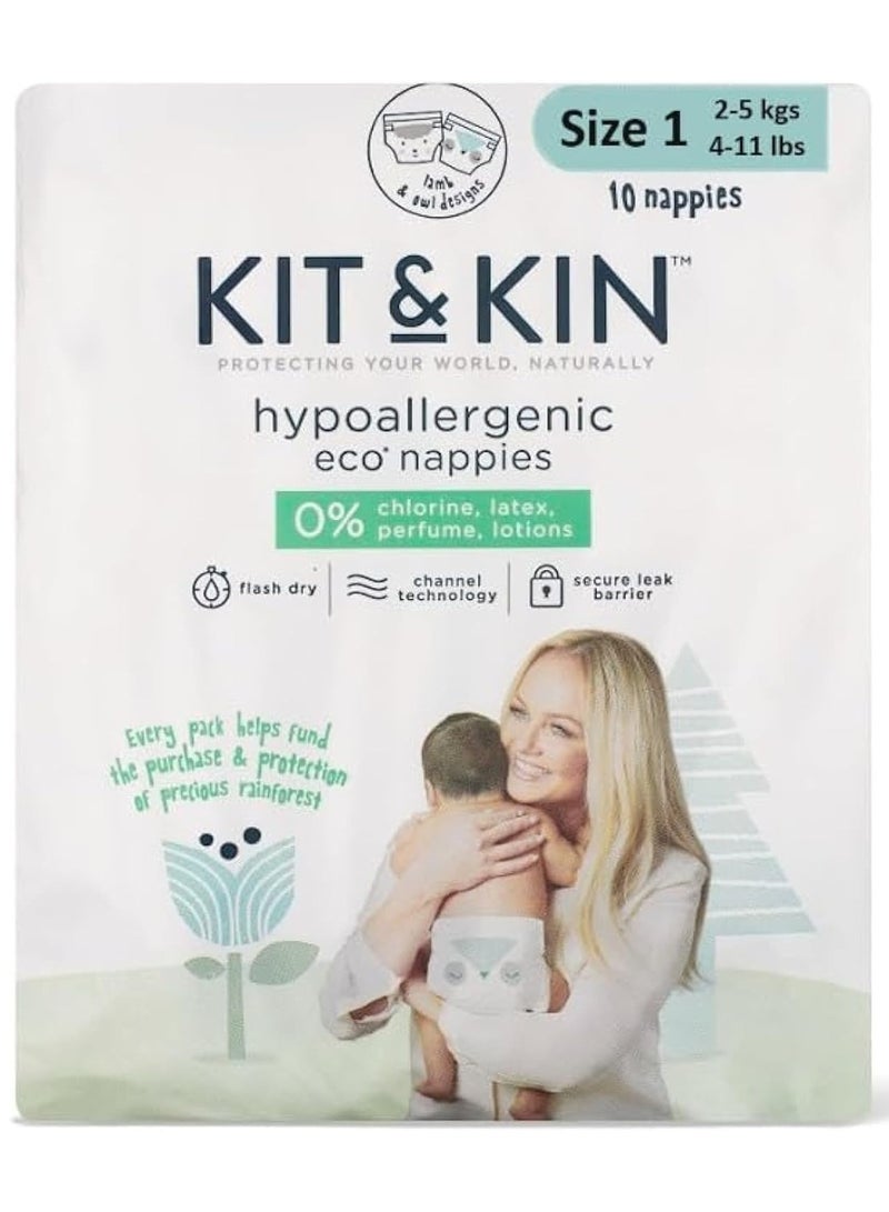 KIT & KIN Eco Friendly Premium UK Baby Diapers Size 1 (2-5kgs) | Pack of 10 Flash Dry Disposable Diapers, Leak Protection Hypoallergenic Diaper Size for Skin Protection Vegan Baby Diapers