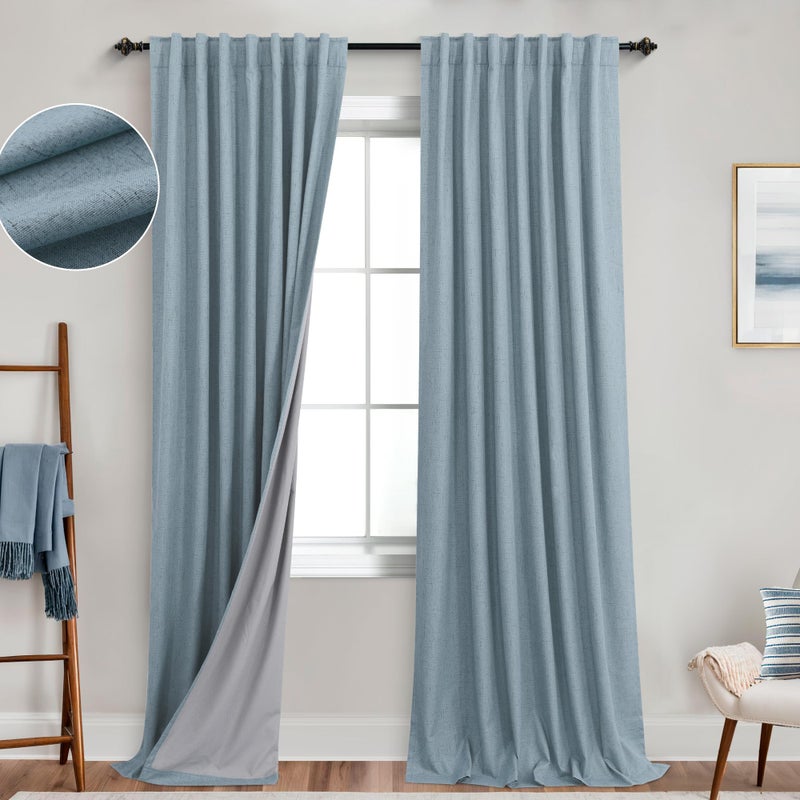 Koufall Stone الأزرق الظهر الظهر الستائر Linen Blackout طولها 92 بوصة - Image 1