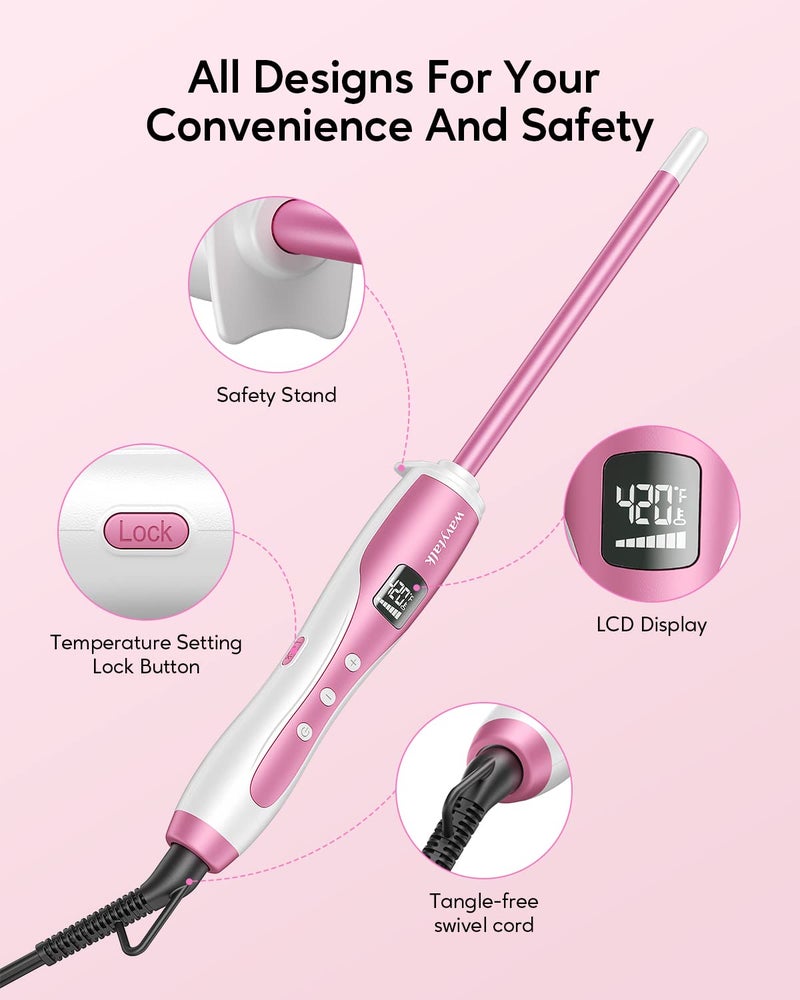 Wavytalk 3/8 Inch Small Curling Wand, Wand Curling Iron for Short & Long Hair, Ceramic Barrel with Adjustable Temperature, Heat Resistant Glove Included (Rose Pink) - Image 5