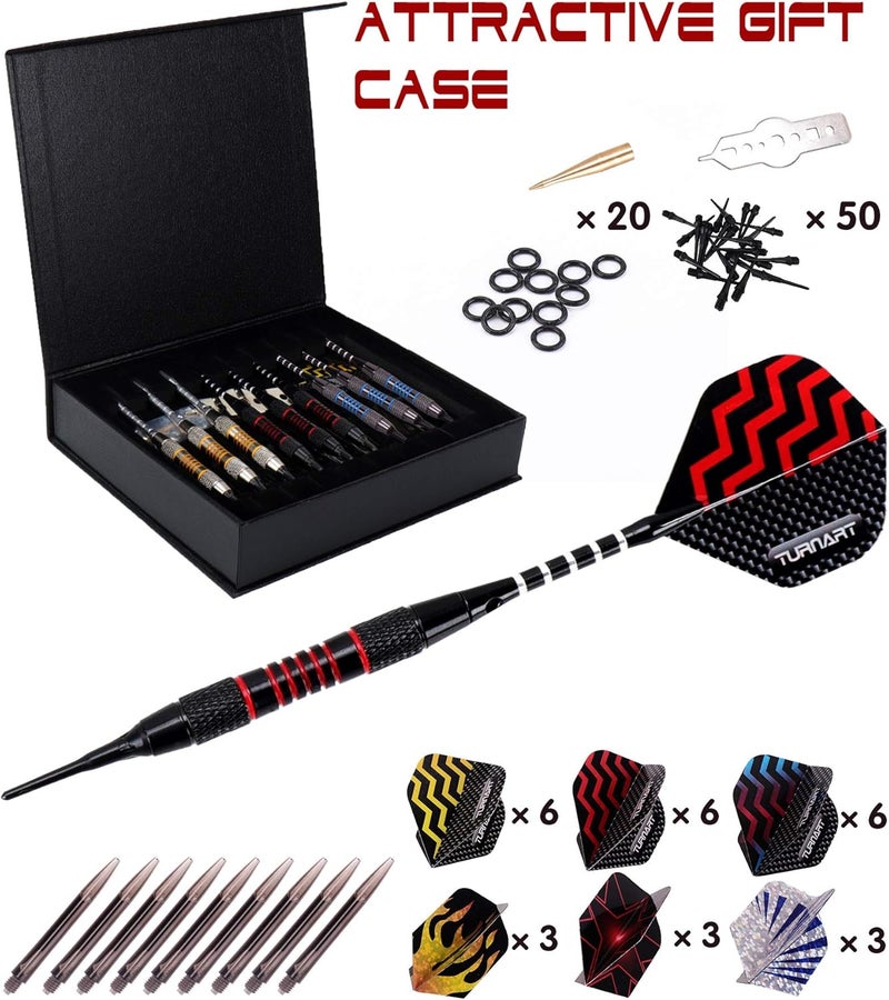 Turnart Darts Plastic Tip - Professional Soft Tip Darts Set for Electronic Dartboard 9 Pcs 18 Grams with 50 Extra Tips 9 Shafts 27 Flights Tool Kit Flight Protectors and Gift Darts Case - Image 2