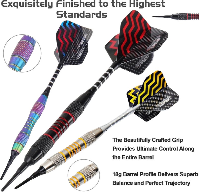 Turnart Darts Plastic Tip - Professional Soft Tip Darts Set for Electronic Dartboard 9 Pcs 18 Grams with 50 Extra Tips 9 Shafts 27 Flights Tool Kit Flight Protectors and Gift Darts Case - Image 3