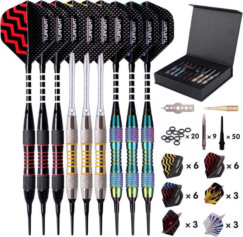 Turnart Darts Plastic Tip - Professional Soft Tip Darts Set for Electronic Dartboard 9 Pcs 18 Grams with 50 Extra Tips 9 Shafts 27 Flights Tool Kit Flight Protectors and Gift Darts Case - Image 1