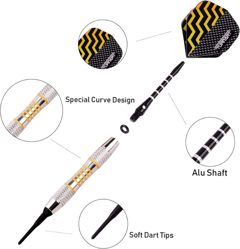 Turnart Darts Plastic Tip - Professional Soft Tip Darts Set for Electronic Dartboard 9 Pcs 18 Grams with 50 Extra Tips 9 Shafts 27 Flights Tool Kit Flight Protectors and Gift Darts Case - Image 5