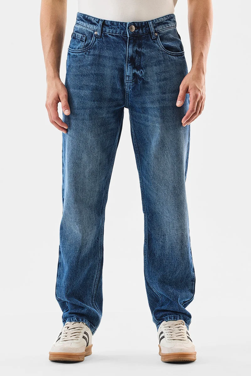 SNITCH Blue Washed Relaxed Fit Jeans for Men | Best Price UAE