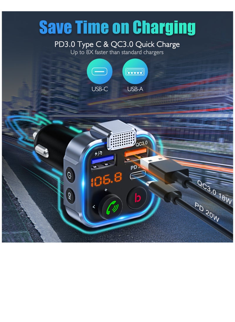 Lencent - Wireless Bluetooth 5.0 Radio Adapter Car Kit, PD3.0 Type C 20W+QC3.0 Car Fast Charger, Hands Free Calling, Bass Lossless Hi-Fi Sound Support U Disk - Image 1