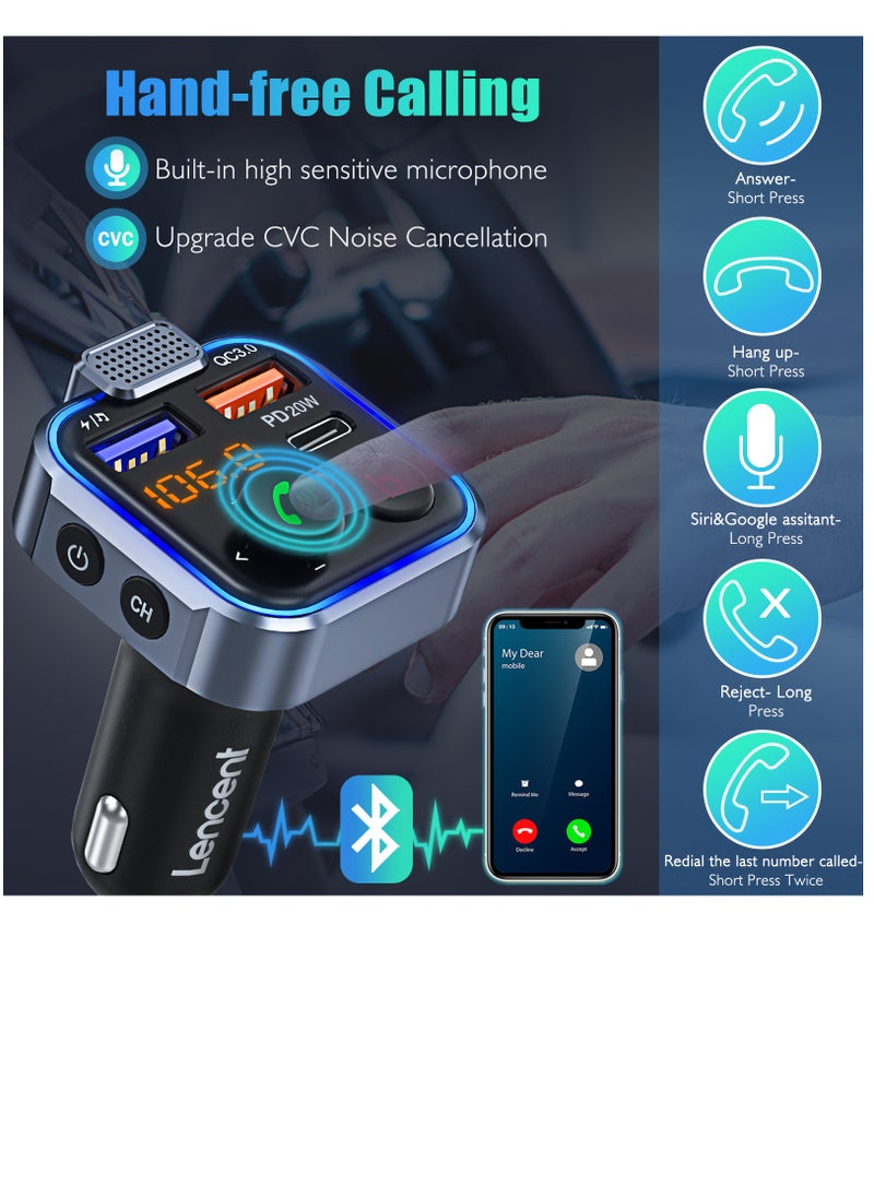 Lencent - Wireless Bluetooth 5.0 Radio Adapter Car Kit, PD3.0 Type C 20W+QC3.0 Car Fast Charger, Hands Free Calling, Bass Lossless Hi-Fi Sound Support U Disk - Image 1