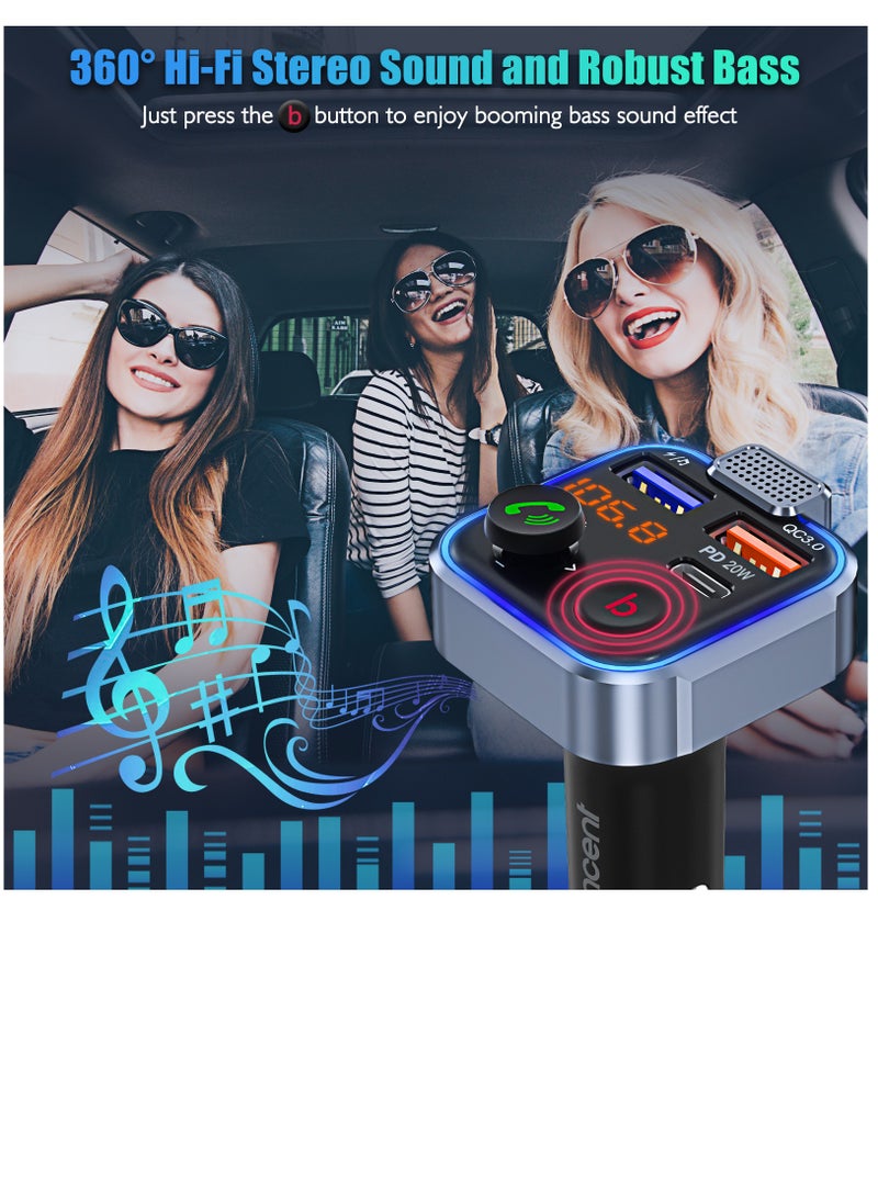 Lencent - Wireless Bluetooth 5.0 Radio Adapter Car Kit, PD3.0 Type C 20W+QC3.0 Car Fast Charger, Hands Free Calling, Bass Lossless Hi-Fi Sound Support U Disk - Image 1