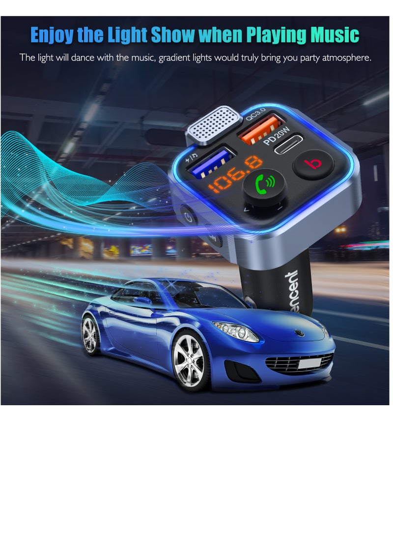 Lencent - Wireless Bluetooth 5.0 Radio Adapter Car Kit, PD3.0 Type C 20W+QC3.0 Car Fast Charger, Hands Free Calling, Bass Lossless Hi-Fi Sound Support U Disk - Image 1