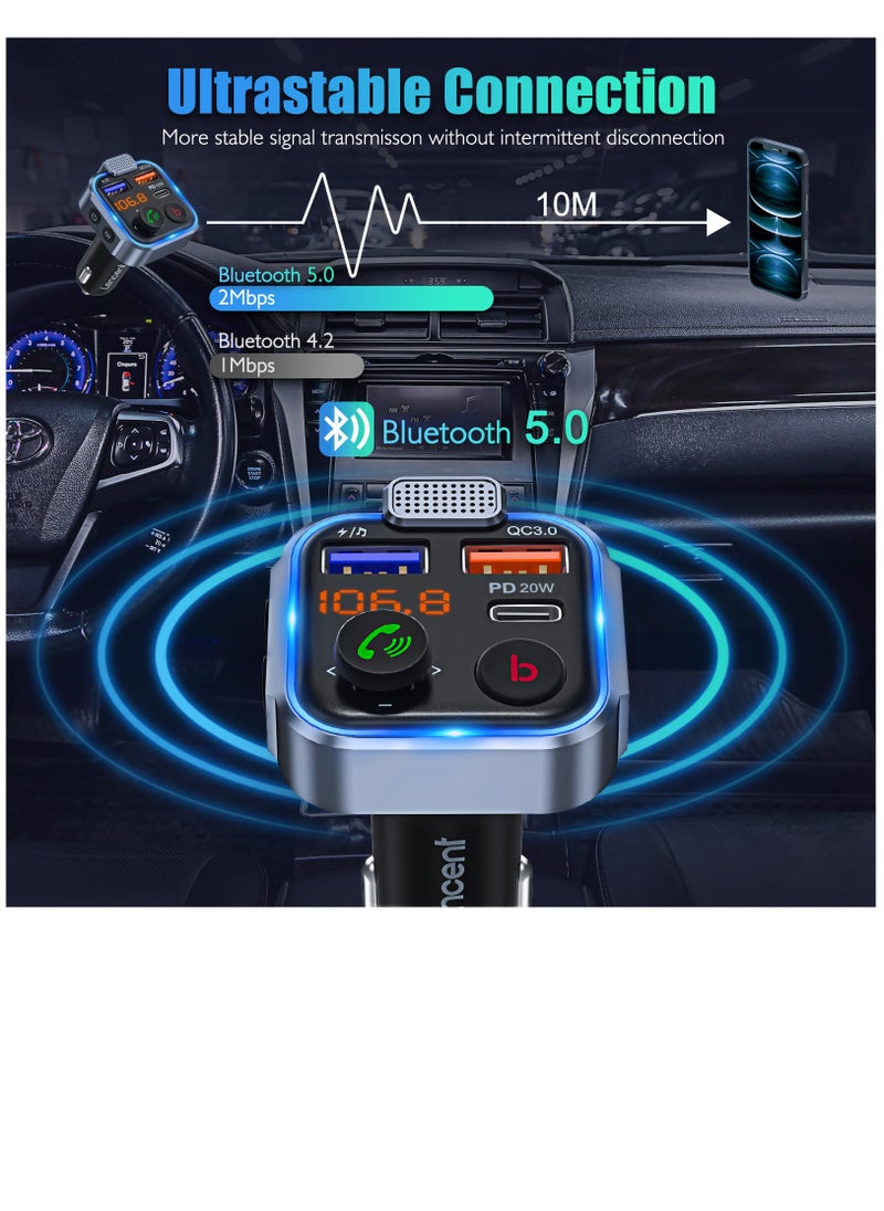 Lencent - Wireless Bluetooth 5.0 Radio Adapter Car Kit, PD3.0 Type C 20W+QC3.0 Car Fast Charger, Hands Free Calling, Bass Lossless Hi-Fi Sound Support U Disk - Image 1