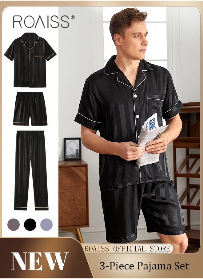 roaiss - 3-Piece Set Men's Short Sleeves Pajamas Pants Trousers Sleepwear Sets Satin Grid Printing Silk Nightgown Male Loose Shirts Spring Summer Loungewear Home Clothes - Image 1