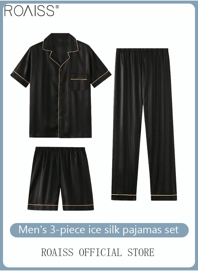 roaiss - 3-Piece Set Men's Short Sleeves Pajamas Pants Trousers Sleepwear Sets Satin Grid Printing Silk Nightgown Male Loose Shirts Spring Summer Loungewear Home Clothes - Image 1