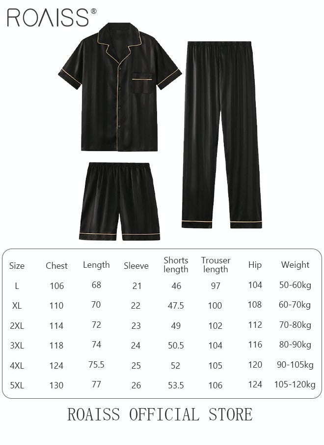 roaiss - 3-Piece Set Men's Short Sleeves Pajamas Pants Trousers Sleepwear Sets Satin Grid Printing Silk Nightgown Male Loose Shirts Spring Summer Loungewear Home Clothes - Image 1