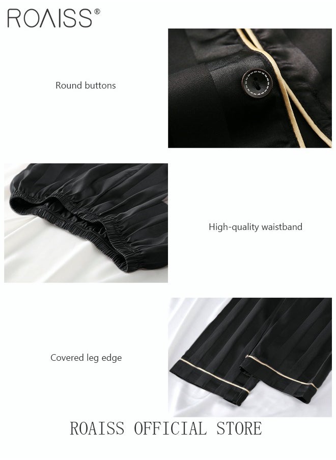 roaiss - 3-Piece Set Men's Short Sleeves Pajamas Pants Trousers Sleepwear Sets Satin Grid Printing Silk Nightgown Male Loose Shirts Spring Summer Loungewear Home Clothes - Image 1