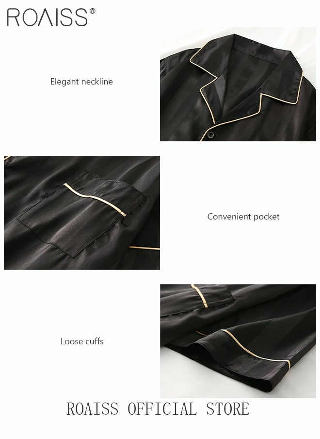 roaiss - 3-Piece Set Men's Short Sleeves Pajamas Pants Trousers Sleepwear Sets Satin Grid Printing Silk Nightgown Male Loose Shirts Spring Summer Loungewear Home Clothes - Image 1