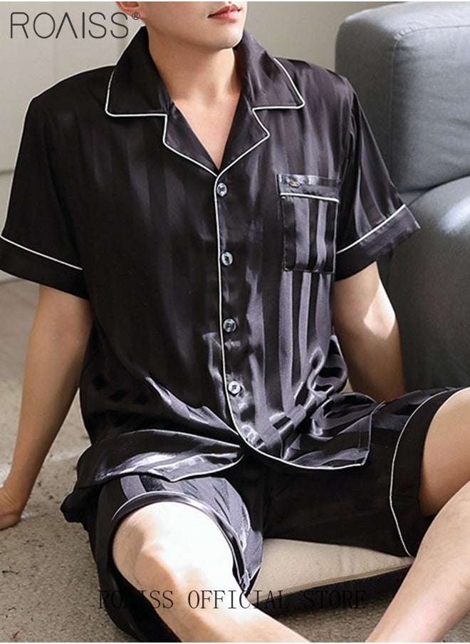 roaiss - 3-Piece Set Men's Short Sleeves Pajamas Pants Trousers Sleepwear Sets Satin Grid Printing Silk Nightgown Male Loose Shirts Spring Summer Loungewear Home Clothes - Image 1