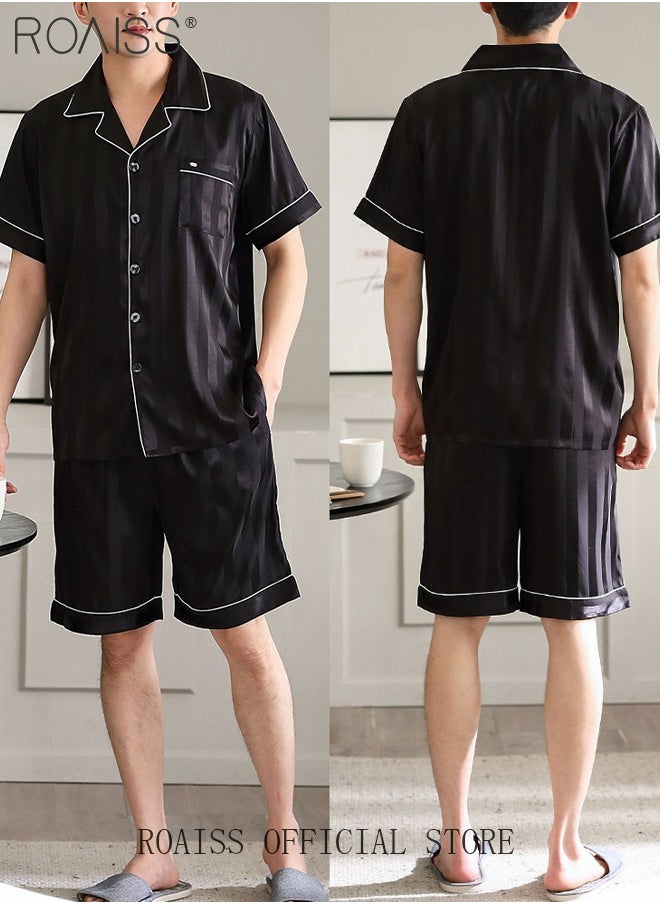 roaiss - 3-Piece Set Men's Short Sleeves Pajamas Pants Trousers Sleepwear Sets Satin Grid Printing Silk Nightgown Male Loose Shirts Spring Summer Loungewear Home Clothes - Image 1