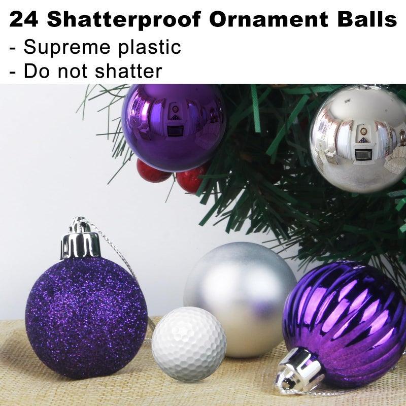 GameXcel Purple & Silver 2.5"" Christmas Balls Christmas Tree Decoration Ornaments Shatterproof Hanging Balls for Birthday Wedding Halloween Holiday Decorations Set of 24pcs - Image 3