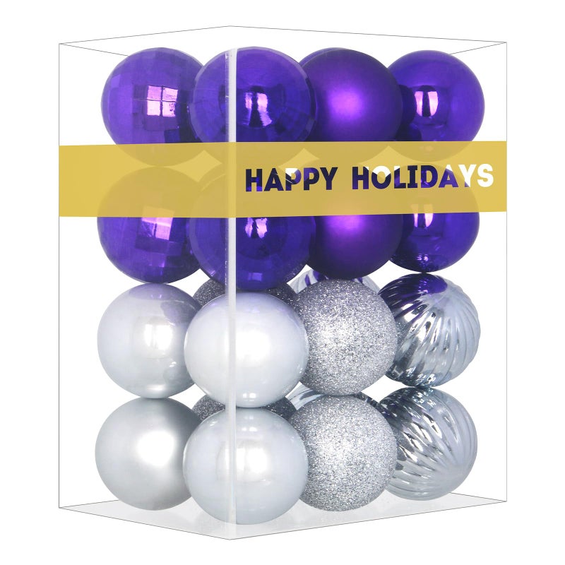 GameXcel Purple & Silver 2.5"" Christmas Balls Christmas Tree Decoration Ornaments Shatterproof Hanging Balls for Birthday Wedding Halloween Holiday Decorations Set of 24pcs - Image 1