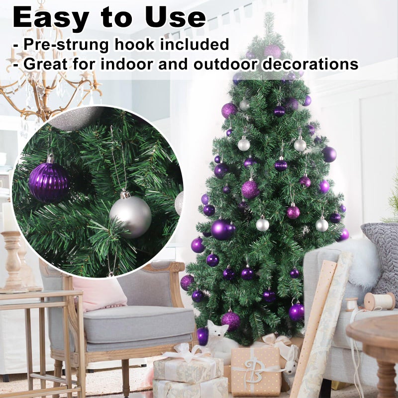 GameXcel Purple & Silver 2.5"" Christmas Balls Christmas Tree Decoration Ornaments Shatterproof Hanging Balls for Birthday Wedding Halloween Holiday Decorations Set of 24pcs - Image 5
