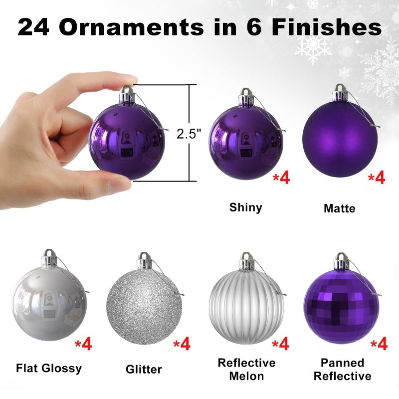 GameXcel Purple & Silver 2.5"" Christmas Balls Christmas Tree Decoration Ornaments Shatterproof Hanging Balls for Birthday Wedding Halloween Holiday Decorations Set of 24pcs - Image 2