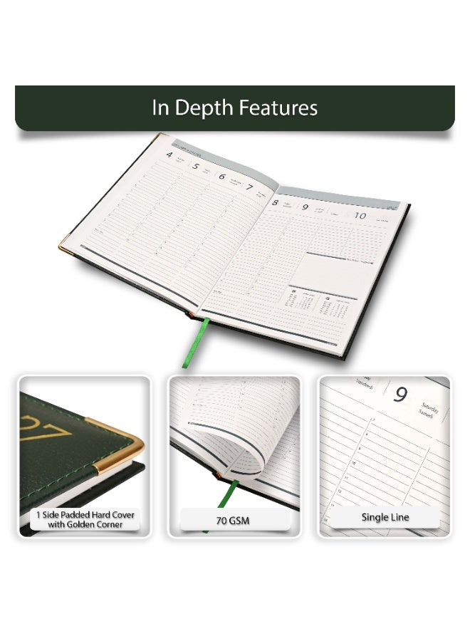 FIS 2027 Executive Diary, Size 210x260mm, 1 Side Padded & Sewn Vinyl Cover, 1 Week at a Glance Format, Golden Corners, English/French, 70gsm White Paper,  Green Cover-FSDI35E27GR - Image 5
