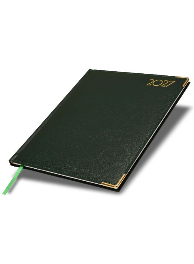 FIS 2027 Executive Diary, Size 210x260mm, 1 Side Padded & Sewn Vinyl Cover, 1 Week at a Glance Format, Golden Corners, English/French, 70gsm White Paper,  Green Cover-FSDI35E27GR - Image 1
