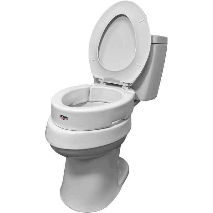 ROUND HINGED RAISED TOILET SEAT ELONGATED TOILET SEAT RISER ADDS 35 INCHES OF HEIGHT 300 LBS CAPACITY ELEVATING AND RAISING SEAT FOR ELDERLY AND HANDICAP UNIVERSAL SLIPRESISTANT WHITE