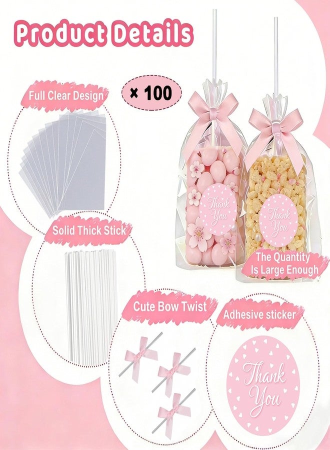 Treayes 100PCS Clear Rice Krispie Treat Bags with Ribbon Bow and Thank You Stickers, Flat Cellophane Bags for Individually Wrapped Cake Pops, Cakesicles,Candies, Chocolates , Marshmallow, Macarons, Cookies(Pink Bow) - Image 3