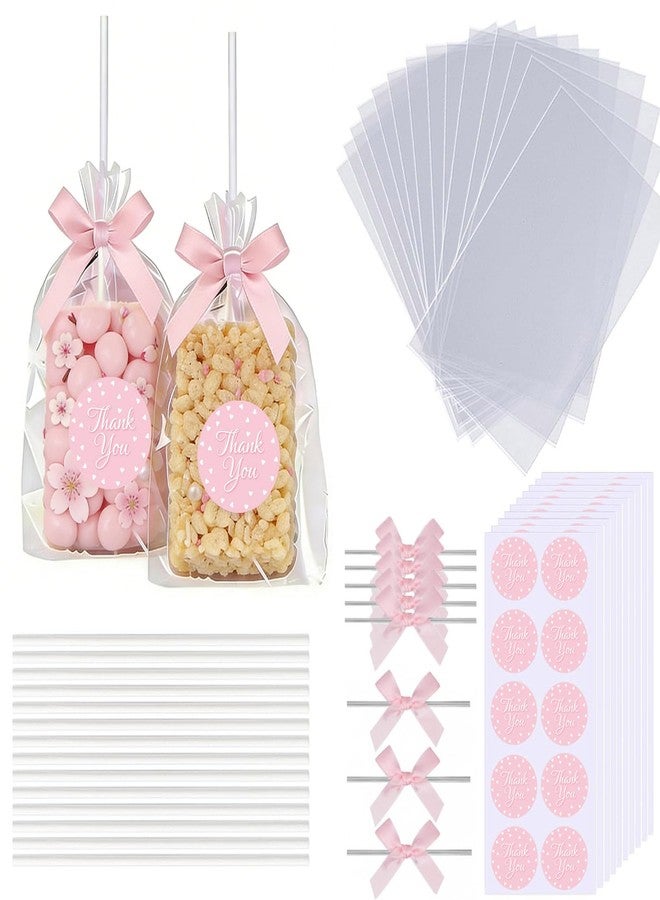 Treayes 100PCS Clear Rice Krispie Treat Bags with Ribbon Bow and Thank You Stickers, Flat Cellophane Bags for Individually Wrapped Cake Pops, Cakesicles,Candies, Chocolates , Marshmallow, Macarons, Cookies(Pink Bow) - Image 1