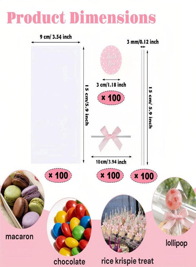 Treayes 100PCS Clear Rice Krispie Treat Bags with Ribbon Bow and Thank You Stickers, Flat Cellophane Bags for Individually Wrapped Cake Pops, Cakesicles,Candies, Chocolates , Marshmallow, Macarons, Cookies(Pink Bow) - Image 2
