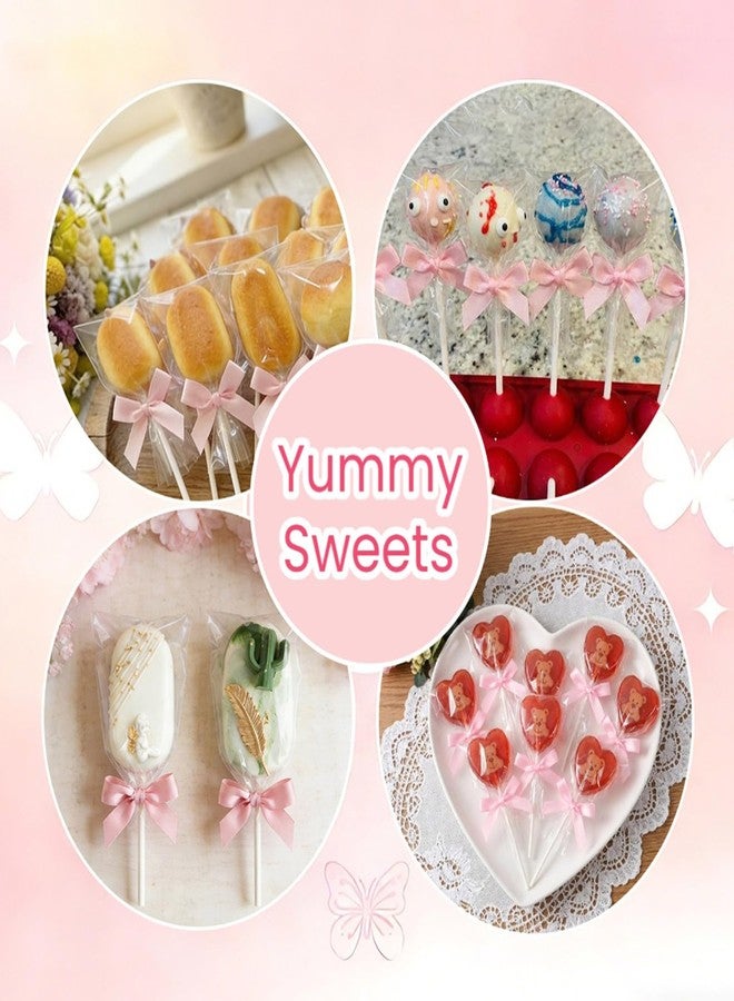 Treayes 100PCS Clear Rice Krispie Treat Bags with Ribbon Bow and Thank You Stickers, Flat Cellophane Bags for Individually Wrapped Cake Pops, Cakesicles,Candies, Chocolates , Marshmallow, Macarons, Cookies(Pink Bow) - Image 4