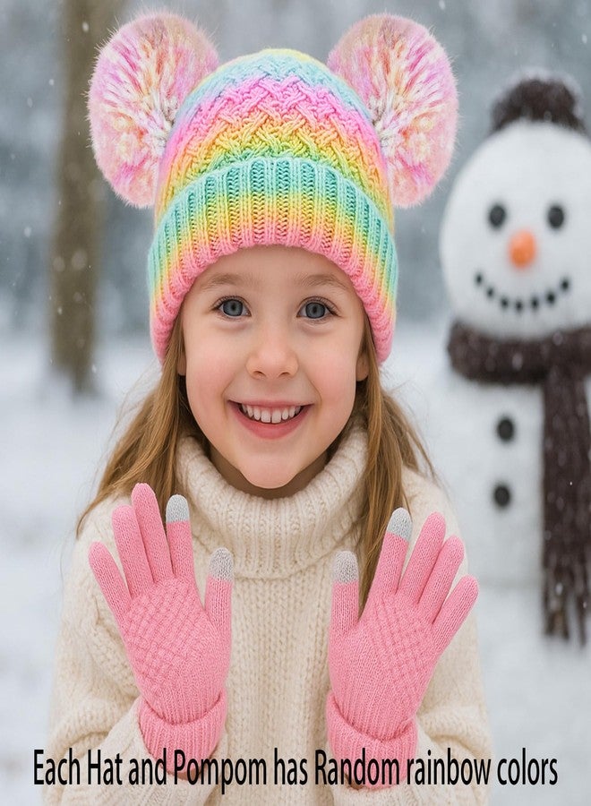 ACTLATI Girls Winter Beanie Hat and Touchscreen Glove Set Rainbow Knit Pompom Beanies for Winter Snow Ski Caps Age 1-12 - Image 3