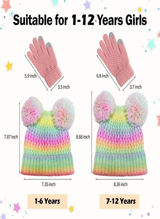 ACTLATI Girls Winter Beanie Hat and Touchscreen Glove Set Rainbow Knit Pompom Beanies for Winter Snow Ski Caps Age 1-12 - Image 2