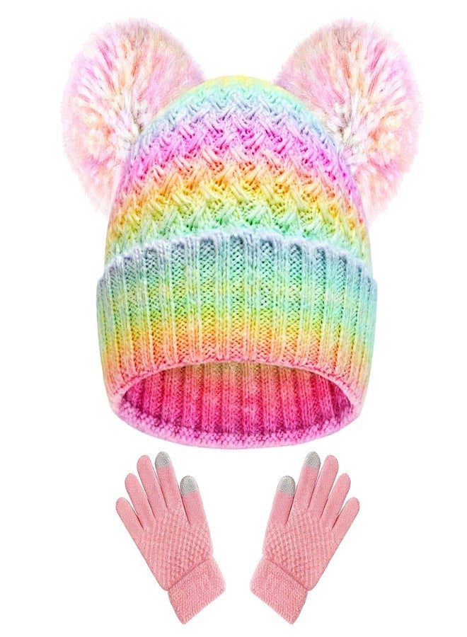 ACTLATI Girls Winter Beanie Hat and Touchscreen Glove Set Rainbow Knit Pompom Beanies for Winter Snow Ski Caps Age 1-12 - Image 1