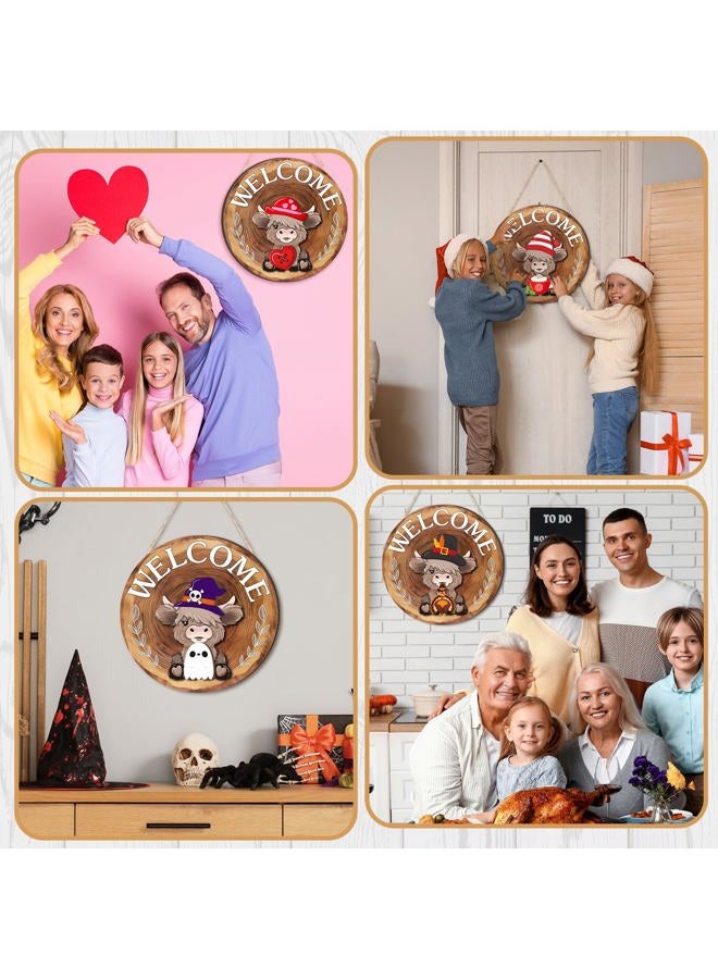 Vicenpal 35 Pcs Interchangeable Highlands Cow Welcome Sign Hanging Seasonal Cow Head Wooden Front Door Decor with 17 Interchangeable Hat 17 Magnet Swappable Pieces for Farmhouse Holiday (Red Brown) - Image 5