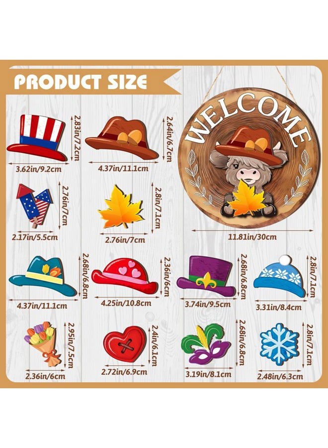 Vicenpal 35 Pcs Interchangeable Highlands Cow Welcome Sign Hanging Seasonal Cow Head Wooden Front Door Decor with 17 Interchangeable Hat 17 Magnet Swappable Pieces for Farmhouse Holiday (Red Brown) - Image 3