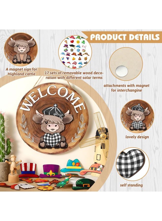 Vicenpal 35 Pcs Interchangeable Highlands Cow Welcome Sign Hanging Seasonal Cow Head Wooden Front Door Decor with 17 Interchangeable Hat 17 Magnet Swappable Pieces for Farmhouse Holiday (Red Brown) - Image 4