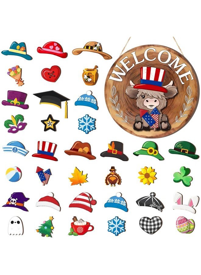 Vicenpal 35 Pcs Interchangeable Highlands Cow Welcome Sign Hanging Seasonal Cow Head Wooden Front Door Decor with 17 Interchangeable Hat 17 Magnet Swappable Pieces for Farmhouse Holiday (Red Brown) - Image 1