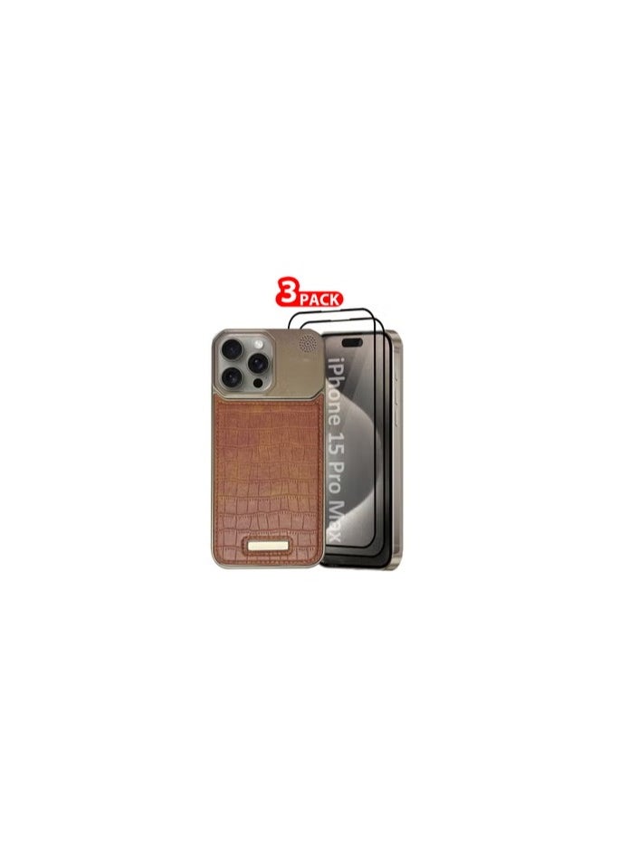 CATANES iPhone 15 Pro Max 3 Pack Case Leather Metal Design, Slim Lightweight Minimalist Cover,1 Case 2 Screen Protectors  - Image 1