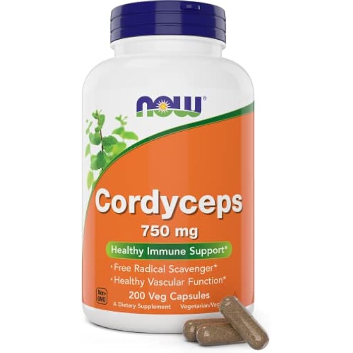 NOW Foods Cordyceps 750mg 200 Veg Caps - Organic Cordycep Sinensis Mycelium Mushroom in Non-Organic Capsules - Vegan, Non-GMO - Image 1