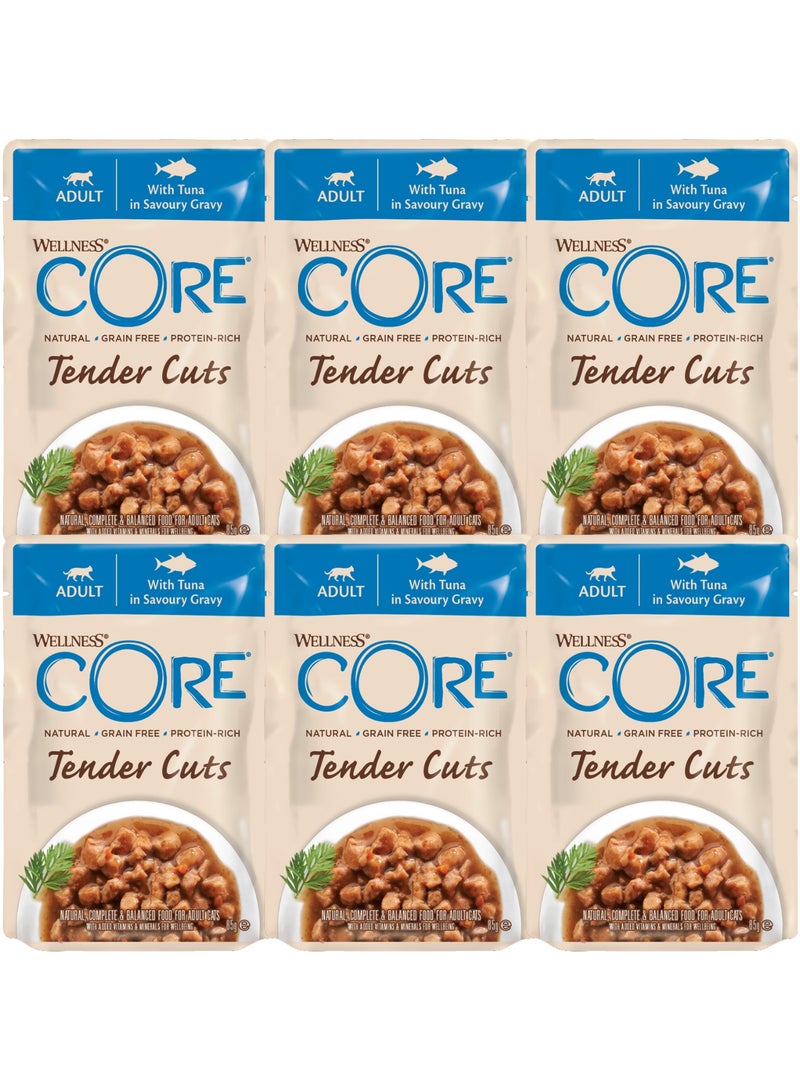 ويلنس كور اكل قطط رطب طعام قطط رطب بنكهة التونة قطع طرية بالمرق للقطط البالغة - 6x85 جرام - طعام قطط خالي من الحبوب - اكل قطط طبيعي و غني بالبروتين - Image 1