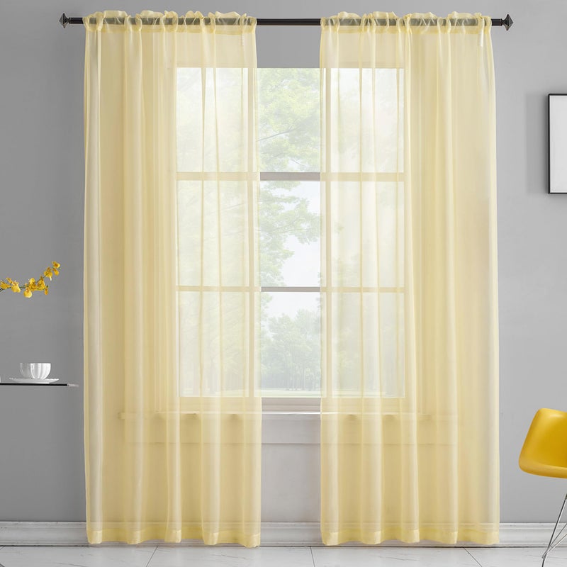 TOAVA DECO Light Yellow Sheer Voile Curtains Translucent Solid Color Window Treatment 84 Inches Long Panels Rod Pocket Light Yellow Sheers for Bedroom Living Room 2 Panels 52x84 Pastel Yellow