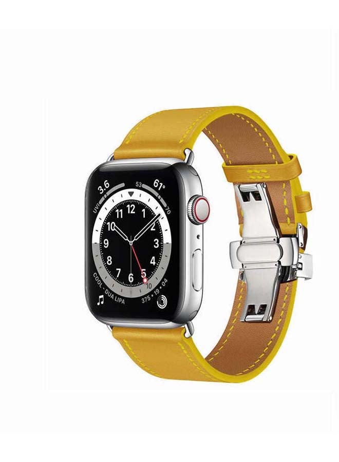 Perfii Genuine Leather Replacement Band with Silver Buckle for Apple Watch Series 6/SE/5/4/3/2/1 44/42mm Yellow - Image 2