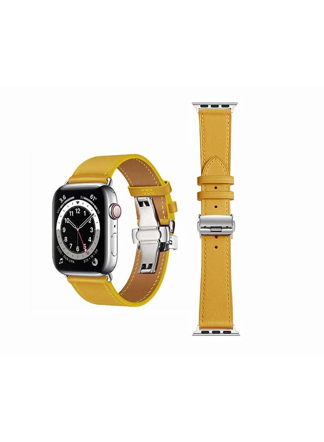 Perfii Genuine Leather Replacement Band with Silver Buckle for Apple Watch Series 6/SE/5/4/3/2/1 44/42mm Yellow - Image 1