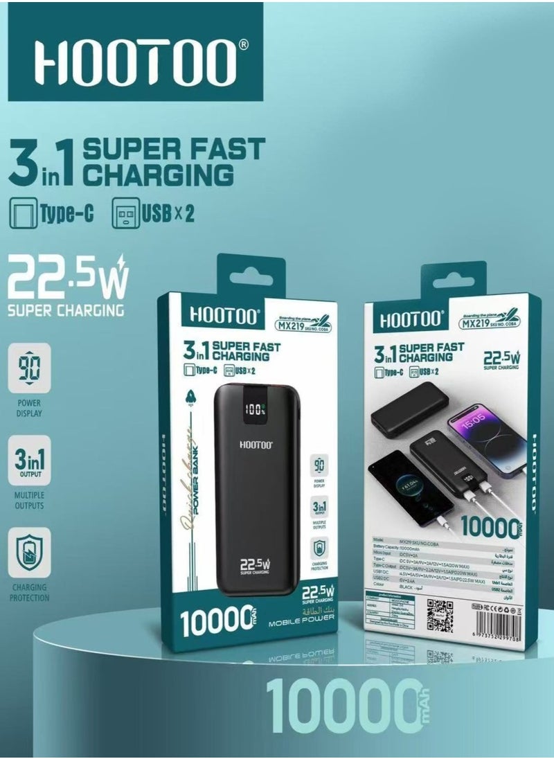 باور بانك 3in1 بقوة 10.000mAh. شاحن متنقل بثلاثه منفذ منفذين USB-منفذ PD. بطاريه متنقله بحجم صغير  وكفائه عاليه. بور بانك يأتي بشحن فائق بقوة 22.5W. بطارية شحن من برندات هوتو بطراز - mx219