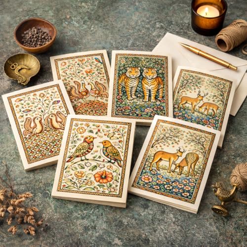 Brandian Kalamkari Notecards (Pack of 12) | Indian Folk Art Greeting Cards | Blank Inside for All Occasions - Image 1