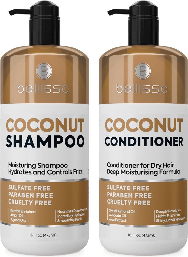 BELLISSO Coconut Shampoo and Conditioner Set - Sulfate Free, Deep Moisturizing, Hydrating, Anti Frizz Formula for Women and Men - Professional Salon Grade - Dry, Damaged Hair Care Products 16 Fl Oz (Set of 2) - Image 1