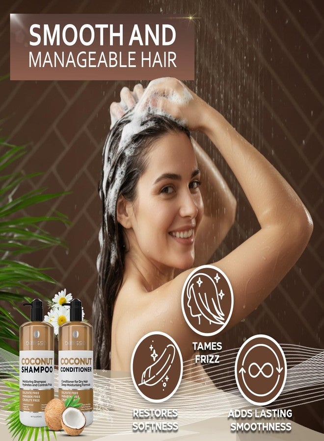 BELLISSO Coconut Shampoo and Conditioner Set - Sulfate Free, Deep Moisturizing, Hydrating, Anti Frizz Formula for Women and Men - Professional Salon Grade - Dry, Damaged Hair Care Products 16 Fl Oz (Set of 2) - Image 5