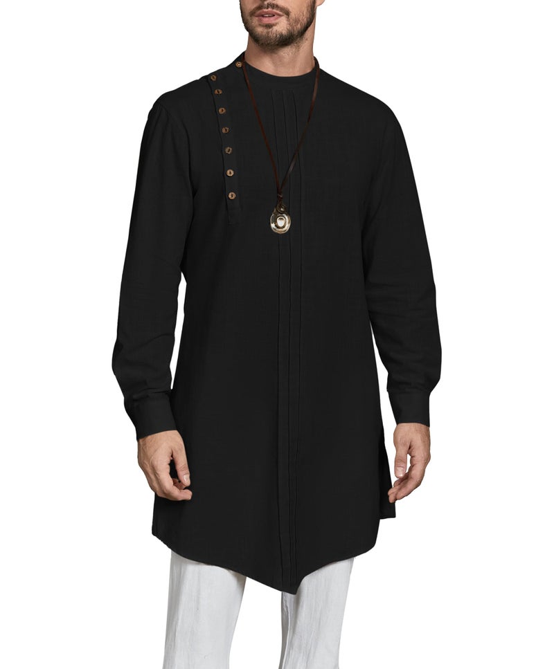 Gafeng Mens Kaftan Thobe Long Sleeve Robe Gown Casual Cotton Linen Button Muslim Shirt Black - Image 1